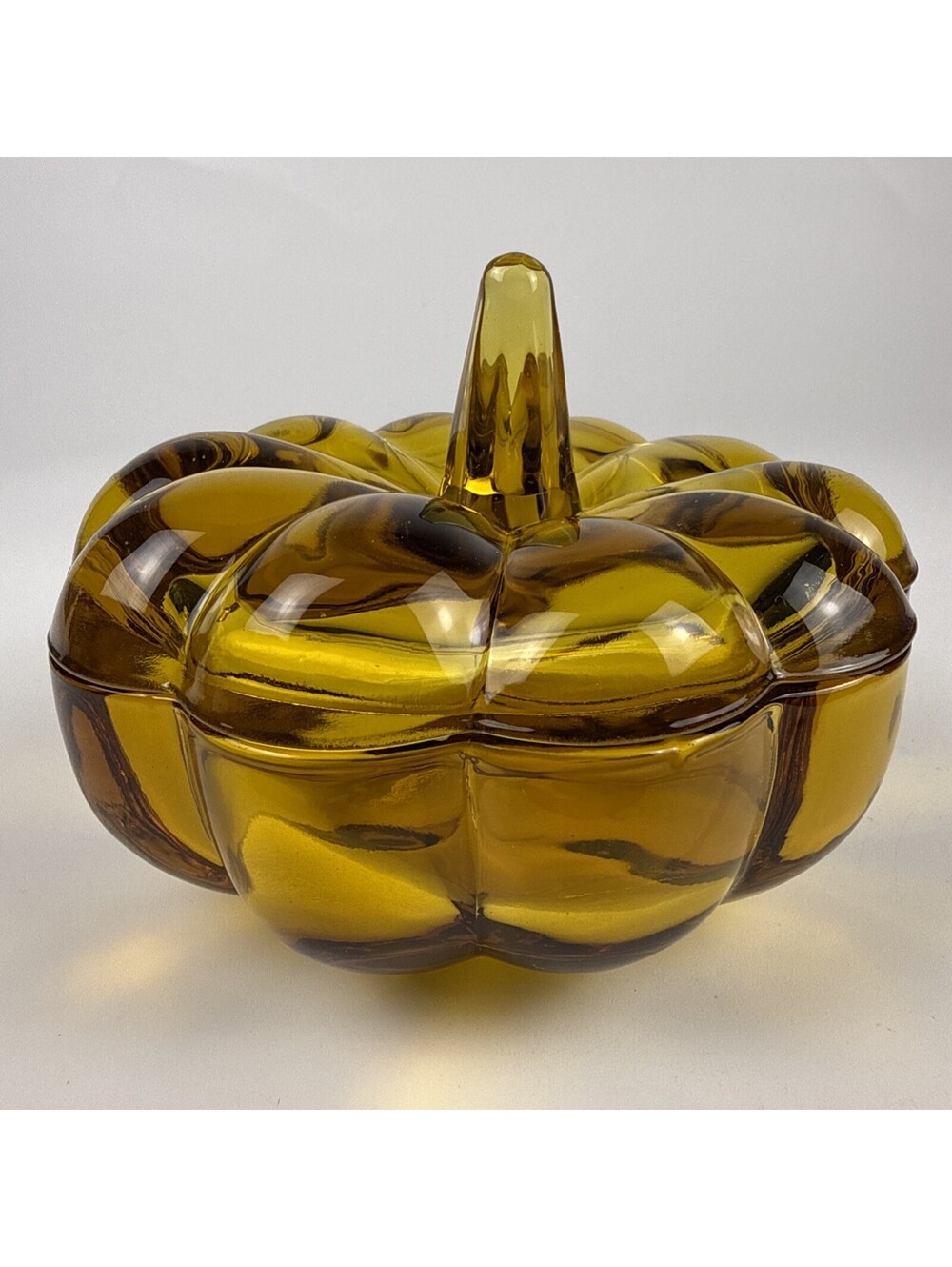 Anchor Hocking Amber Glass Pumpkin Candy Dish Lid Vintage Harvest Serving Bowl